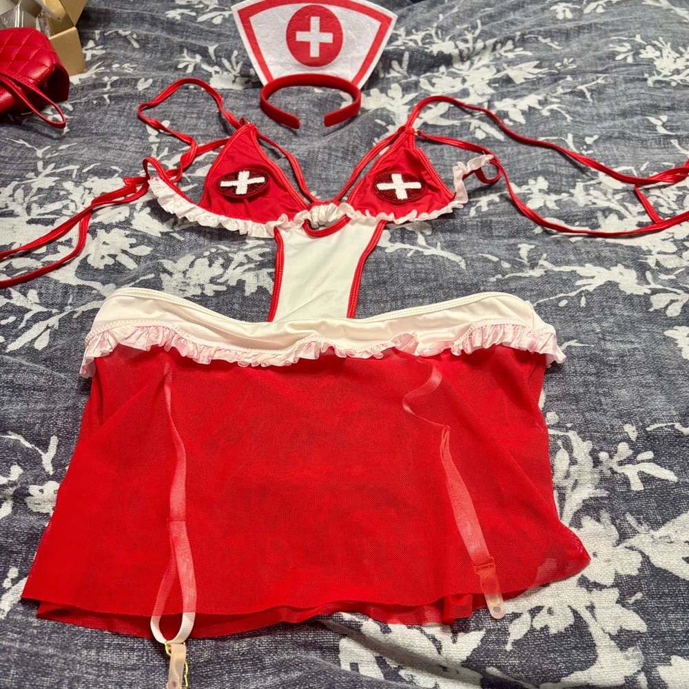 SHEIN Red and White Chemise with Lace Trim
